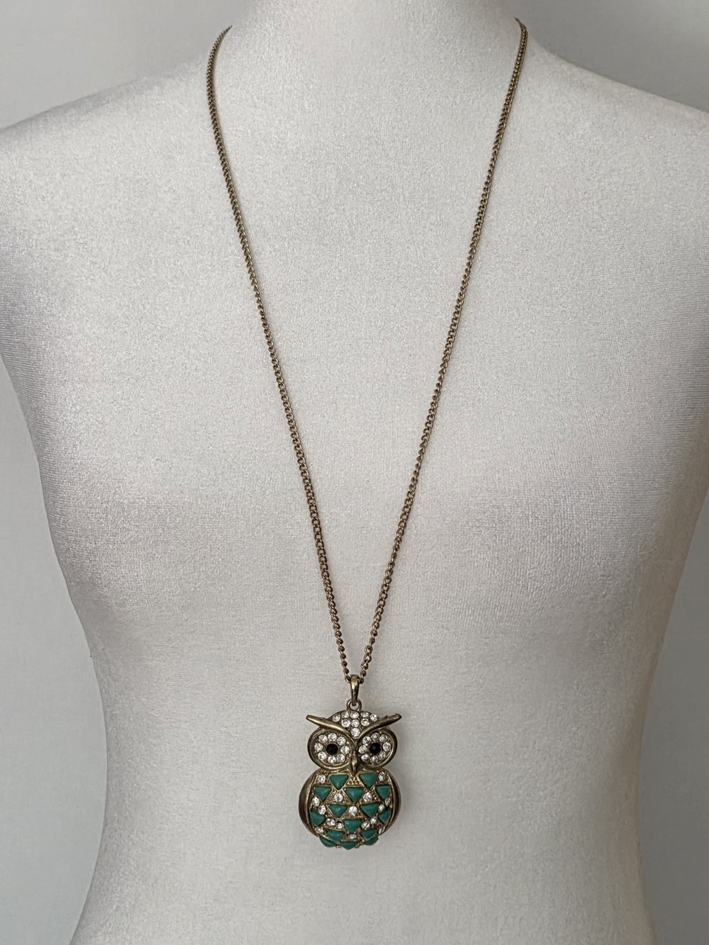 Gold-Tone Owl Pendant Necklace with Teal Enamel and Crystals